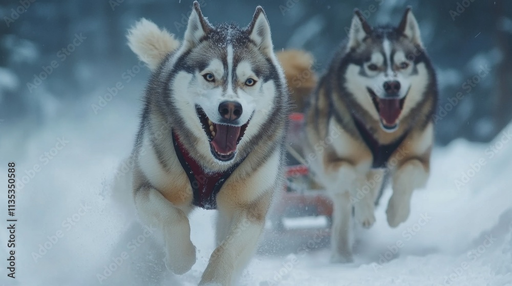 Majestic Huskies Running in Snowy Landscape Majestic Huskies Running in Snowy Landscape