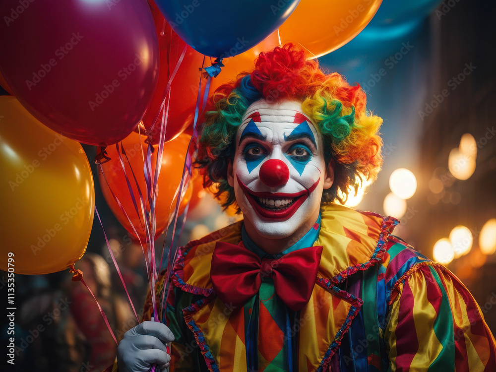 Φωτογραφία Close-up of a clown holding colorful balloons, featuring bright face paint and vibrant costume, creating a lively and whimsical scene