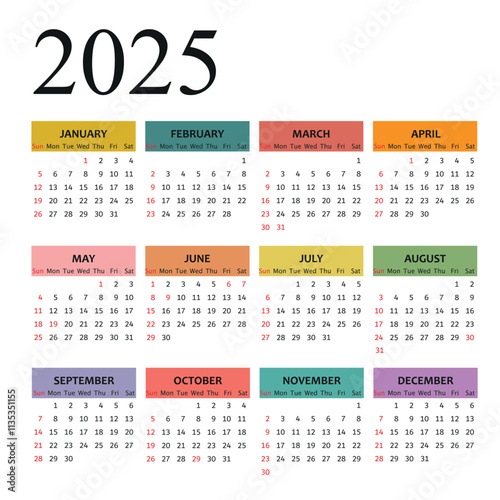 Year 2025 colorful calendar template vector illustration. Week starts sunday