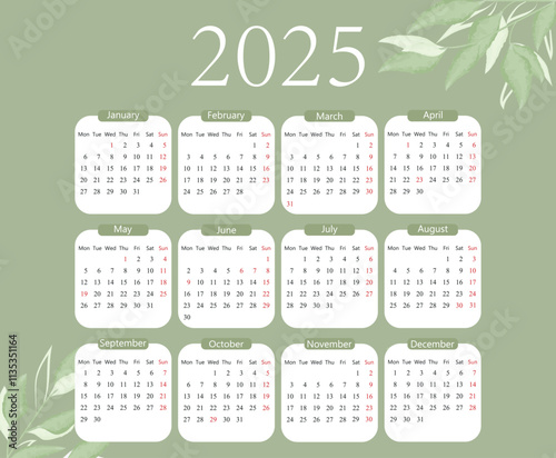 Calendar 2025. calendar template on green background. Designed with leaves. week starts on monday