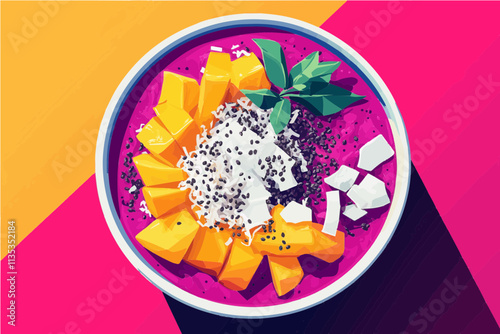 Tropical Smoothie Bowl: A vibrant, colorful and healthy breakfast bowl, showcasing a pink smoothie base topped with mango, coconut flakes, chia seeds and a sprig of mint.