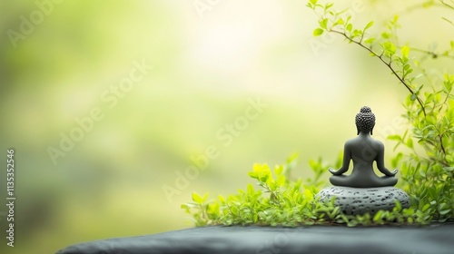 A peaceful International Yoga Day setting with yoga poses and serene nature elements against a calming green background, macro shot, Minimalist style photo