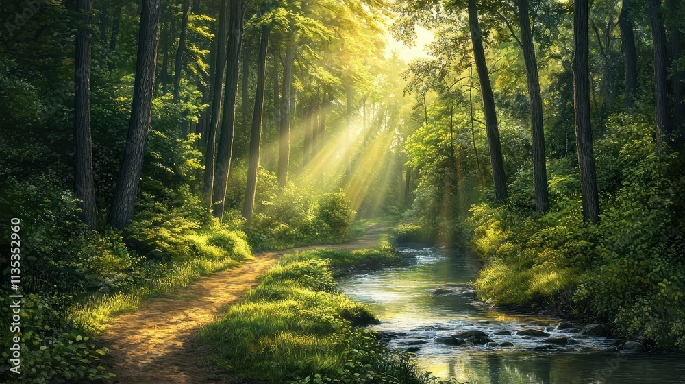 Fototapeta premium Peaceful cinematic scene of a dense forest with a sunlit trail winding by a gentle creek