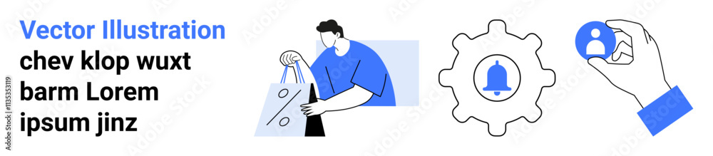 Man holding shopping bags and gear with bell symbol, and hand holding user icon. Ideal for marketing, customer engagement, notifications, team management, online shopping, user profiles, and digital Man holding shopping bags and gear with bell symbol, and hand holding user icon. Ideal for marketing, customer engagement, notifications, team management, online shopping, user profiles, and digital