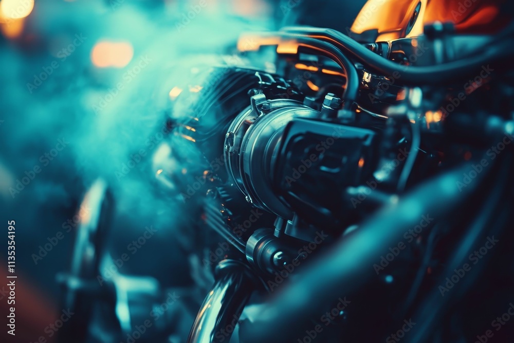 Naklejka premium Steaming engine, intricate metal, blurred background.