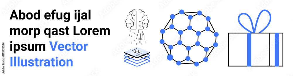 Brain generating ideas, interconnected grid structure, and layered elements, accompanied by a gift box. Ideal for technology, innovation, network, creativity, neuroscience data processing and gift Brain generating ideas, interconnected grid structure, and layered elements, accompanied by a gift box. Ideal for technology, innovation, network, creativity, neuroscience data processing and gift