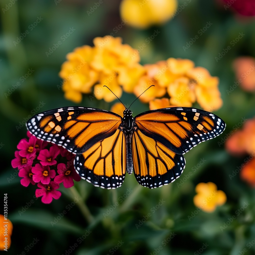 Fototapeta premium Monarch Butterfly Resting on Vibrant Lantana Flowers