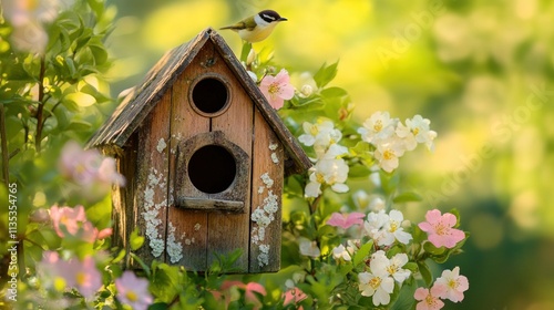 Bird perched on rustic birdhouse nestled in blooming flowers.