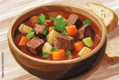 Hearty Beef Stew with Bread:  A rustic, comforting bowl of beef stew, simmered to perfection with tender chunks of beef, potatoes, carrots, and herbs. The rich.
