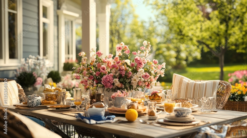 Sunny spring brunch on a patio table with floral centerpiece, set for guests. Sunny spring brunch on a patio table with floral centerpiece, set for guests.
