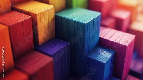 Spectrum of stacked multi-colored wooden blocks. Background or cover for something creative, diverse, expanding, rising or growing. Shallow depth of field. photo