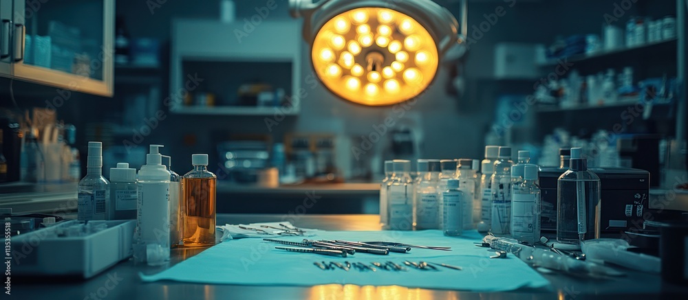 Surgical instruments and medical supplies on a table in a dimly lit operating room. Surgical instruments and medical supplies on a table in a dimly lit operating room.