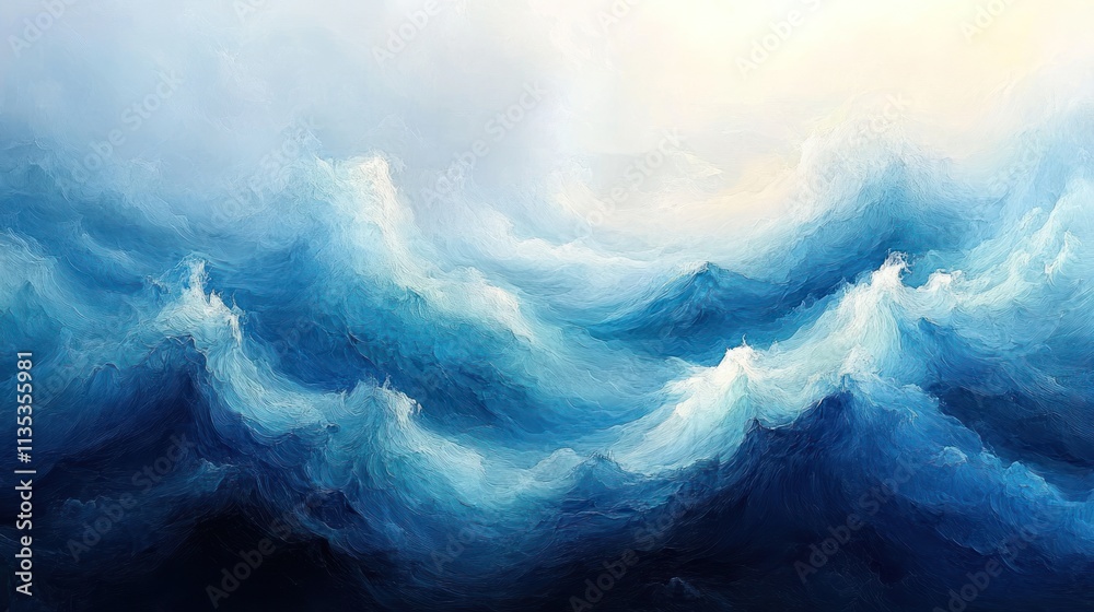 Abstract digital painting of a vast, turbulent sea with rolling waves and misty mountainscapes. Abstract digital painting of a vast, turbulent sea with rolling waves and misty mountainscapes.