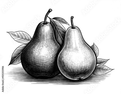 Detailed black and white sketch of two ripe pears with leaves. Generative AI