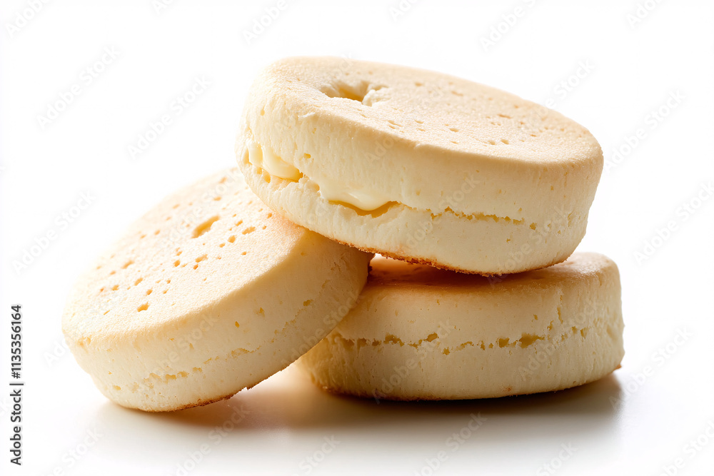 Three perfectly baked English muffins, subtly golden-brown, stacked in a tempting pyramid. A delicate, creamy spread hints at delightful flavors. Ready for your breakfast or brunch! Three perfectly baked English muffins, subtly golden-brown, stacked in a tempting pyramid. A delicate, creamy spread hints at delightful flavors. Ready for your breakfast or brunch!