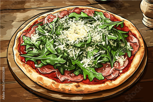 Arugula Pizza Delight: A  hand-drawn illustration of a mouthwatering pizza topped with arugula, cheese, and savory toppings. The vibrant colors and textures capture the essence of a delicious meal. 