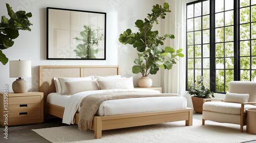 Modern bedroom with natural wood furniture and indoor plants 