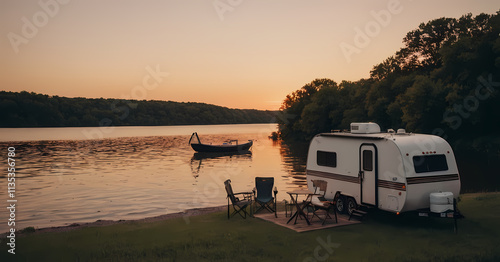 Lakeside Serenity: A vintage campervan sits by a tranquil lake at sunset, complete with chairs and a small table, suggesting a peaceful and relaxing camping experience.