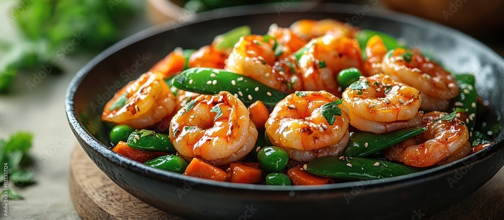 Delicious shrimp stir-fry with carrots, peas, and sesame seeds in a dark bowl. Delicious shrimp stir-fry with carrots, peas, and sesame seeds in a dark bowl.