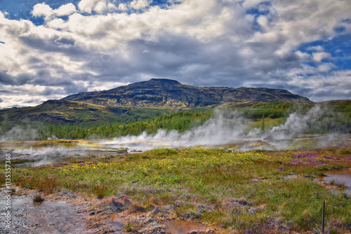 The Great Geysir and Strokkur geyser Golden Circle south-western Iceland, Haukadalur valley Laugarfjall lava dome, Europe. 