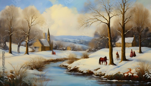 Winter village and natural landscape painting, AI generated