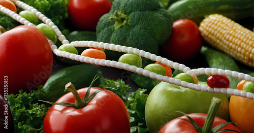 Genetically Modified Food: A close-up shot of vibrant, fresh vegetables intertwined with a strand of DNA, highlighting the concept of genetic modification in food production. photo