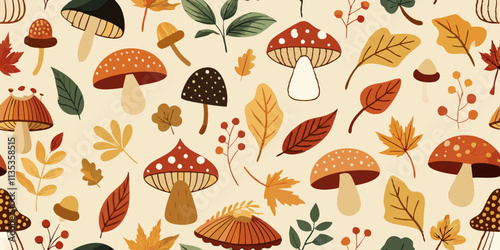 A seamless pattern featuring various autumnal elements.  The pattern consists of mushrooms with varying shades of red, orange, and brown, scattered throughout with autumn leaves in shades of orange