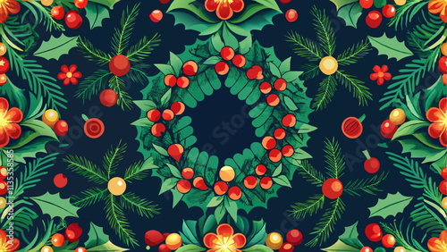 A symmetrical, repeating pattern of a Christmas wreath.  The wreath, centered in the image, is composed of vibrant green holly leaves and clusters of bright red berries