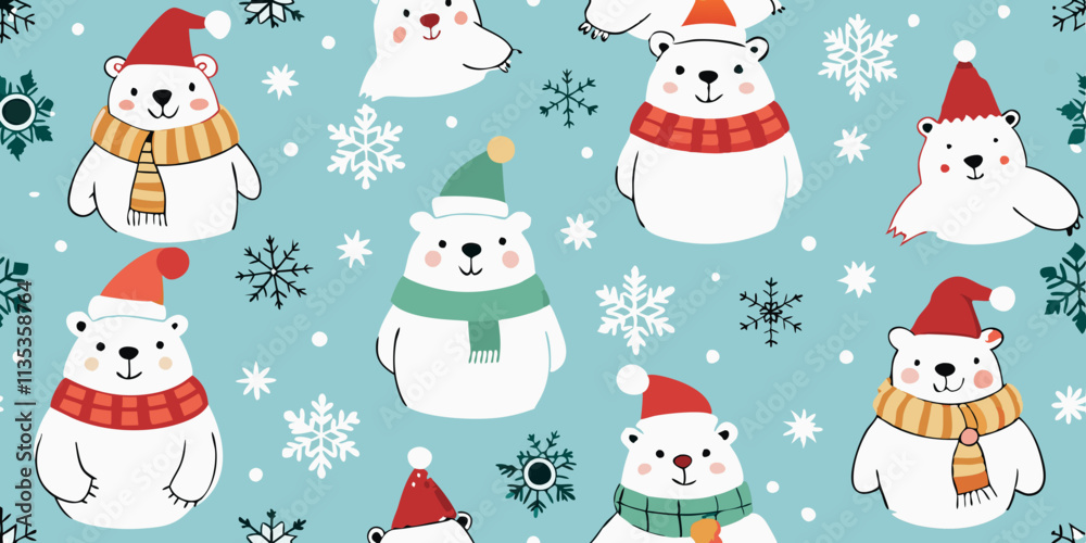 A seamless pattern of cartoon polar bears. Each bear is chubby and white, wearing a festive hat (often a Santa hat) and a colorful scarf (various shades of red, green, and yellow) A seamless pattern of cartoon polar bears. Each bear is chubby and white, wearing a festive hat (often a Santa hat) and a colorful scarf (various shades of red, green, and yellow)
