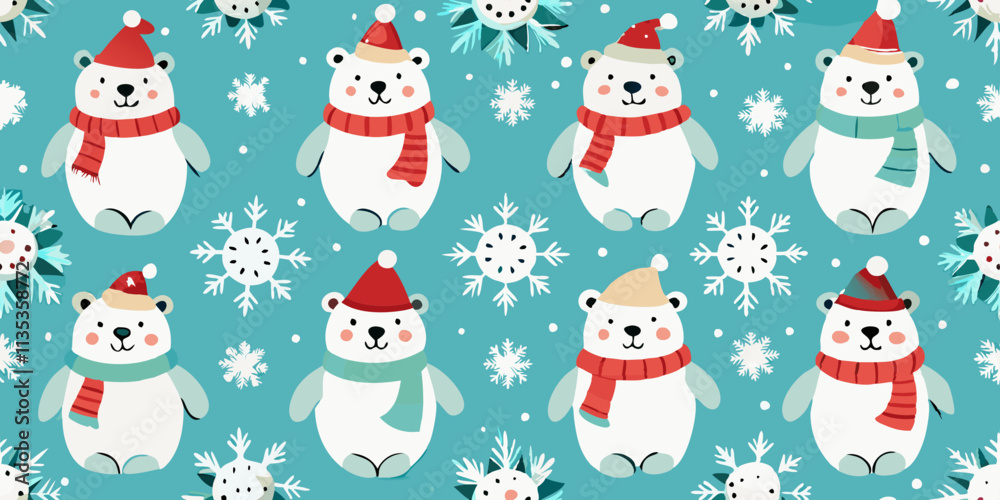 A seamless pattern of cartoon polar bears. Each bear is white with a red and light teal/green scarf and a red Santa hat A seamless pattern of cartoon polar bears. Each bear is white with a red and light teal/green scarf and a red Santa hat