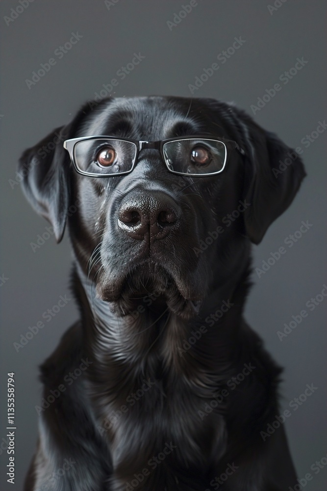 : A sleek black Labrador with rectangular, silver-framed glasses, sitting calmly against a solid grey background. The glasses give the dog a serious and intelligent look. : A sleek black Labrador with rectangular, silver-framed glasses, sitting calmly against a solid grey background. The glasses give the dog a serious and intelligent look.