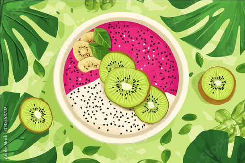 Tropical Smoothie Bowl Delight: A vibrant and refreshing smoothie bowl, bursting with color and flavor. Sliced kiwi, banana, and dragon fruit are artfully arranged on a bed of creamy yogurt.