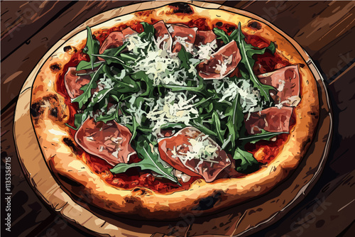 Pizza Perfection: A mouthwatering illustration of a gourmet pizza, featuring a crispy crust, savory toppings, and a burst of fresh arugula.