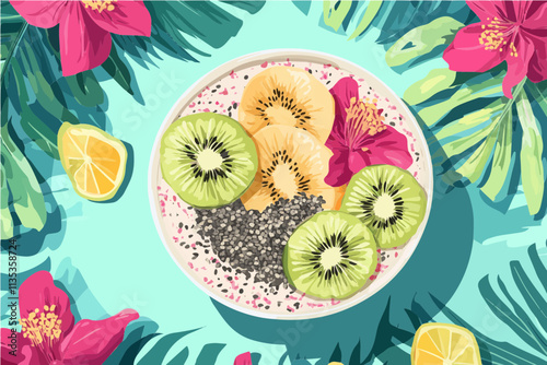 Tropical Smoothie Bowl Delight: A vibrant and inviting illustration of a smoothie bowl adorned with kiwi, mango, chia seeds, and tropical flowers.