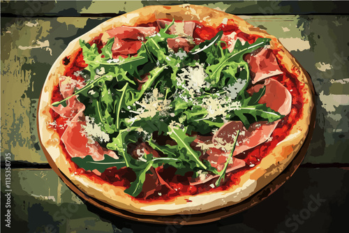 Pizza Perfection: A mouthwatering close-up of a freshly baked pizza topped with prosciutto, arugula, and parmesan cheese.
