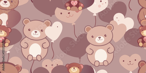 A repeating pattern of cartoon teddy bears and heart-shaped balloons.  The bears are light brown, with white accents around their faces, bellies, and paws.