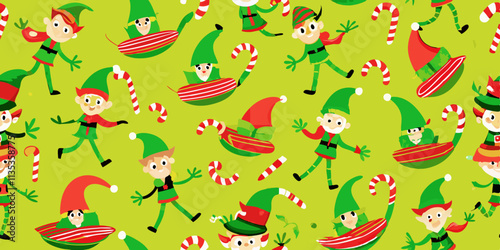 A repeating pattern of cartoon elves.  Each elf is dressed in a green tunic, red hat, and has a light-brownish face