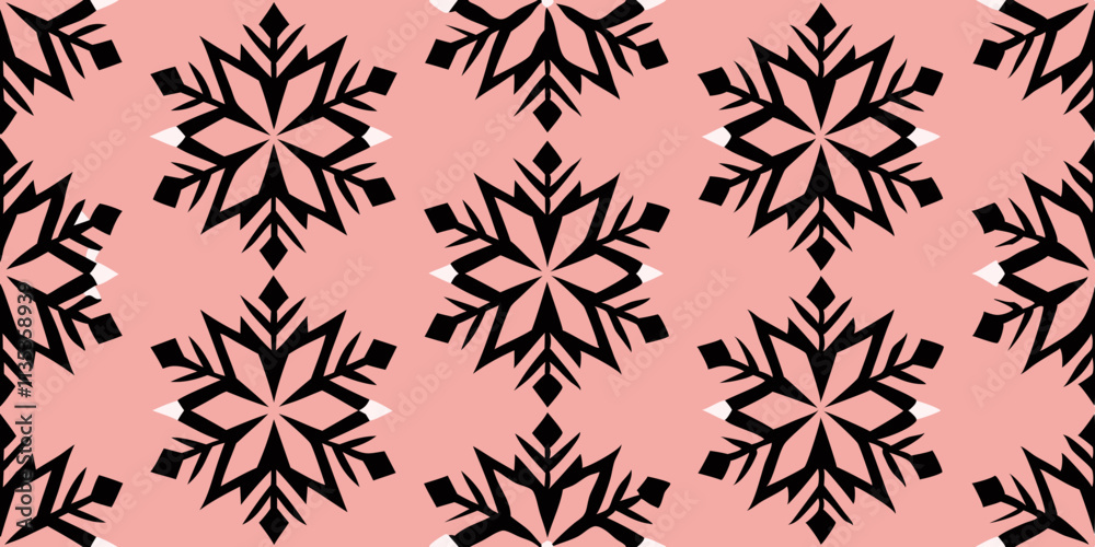A repeating pattern of symmetrical black snowflakes on a pale pink background. The snowflakes are stylized, with intricate, pointed A repeating pattern of symmetrical black snowflakes on a pale pink background. The snowflakes are stylized, with intricate, pointed
