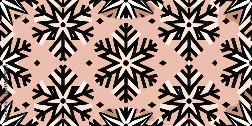 A repeating pattern of stylized snowflakes. The snowflakes are black and white, with a slightly irregular, graphic design, against a pale peach or blush pink background A repeating pattern of stylized snowflakes. The snowflakes are black and white, with a slightly irregular, graphic design, against a pale peach or blush pink background