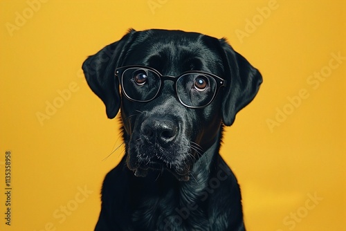 : A sleek black Labrador with simple, rectangular glasses, sitting calmly against a solid yellow background. The glasses give the dog a serious and focused look.