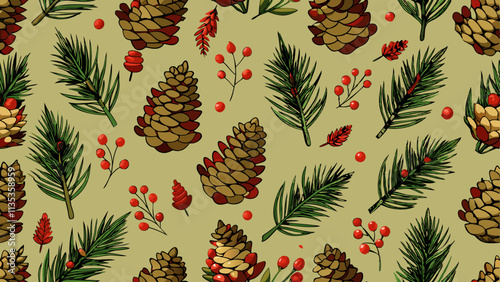 A repeating pattern design featuring various Christmas elements.  Pine cones in shades of brown and beige, detailed with darker shading, are scattered throughout the image