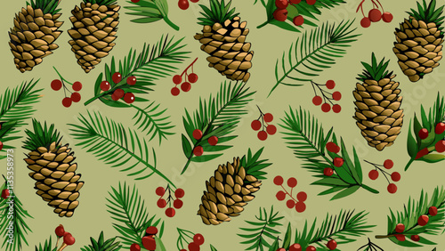 A repeating pattern of pine cones, sprigs of evergreen foliage, and red berries.  The pine cones are a light golden brown, with detailed scales