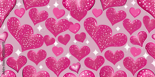 A repeating pattern of pink hearts on a light purple background.  The hearts are stylized, with a speckled or glittery texture, giving them a slightly sparkly appearance