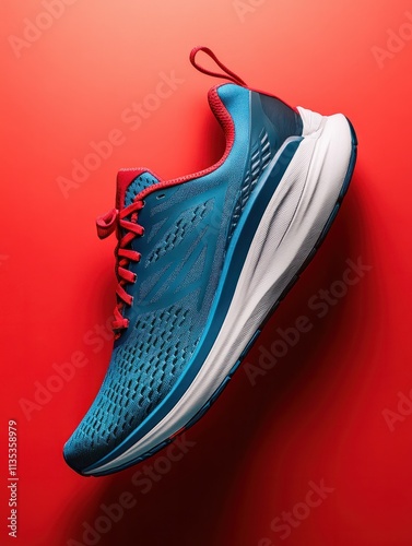 A studio shot of running shoe on red background. Flat lay. photo