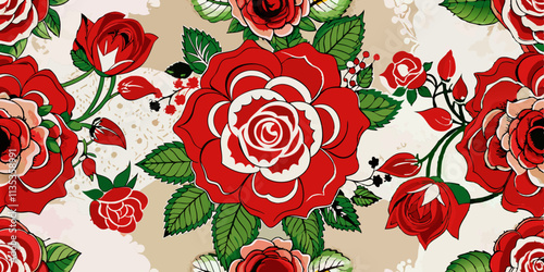 A seamless pattern of large, richly colored red roses.  The roses have detailed, textured petals and are depicted in a style reminiscent of vintage floral prints or a stylized illustration