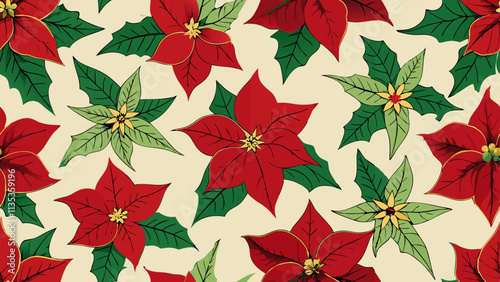 A repeating pattern of poinsettia flowers on a pale cream background.  The poinsettias are vibrant red with detailed yellow centers and green leaves