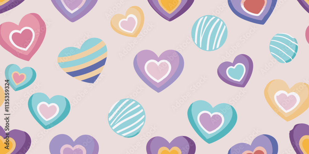 A seamless pattern of various hearts. The hearts are depicted in a cartoonish style, with slightly three-dimensional shading, creating a sense of depth A seamless pattern of various hearts. The hearts are depicted in a cartoonish style, with slightly three-dimensional shading, creating a sense of depth