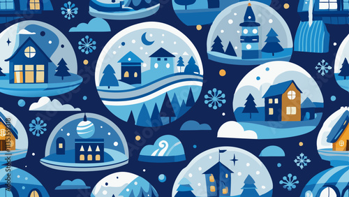 A seamless pattern of stylized snow globes. Each snow globe depicts a small, winter village scene with simple, outlined houses, trees, and a winding road