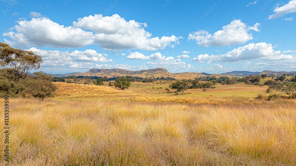 Scenic landscape featuring golden grass and distant mountains under a blue sky.