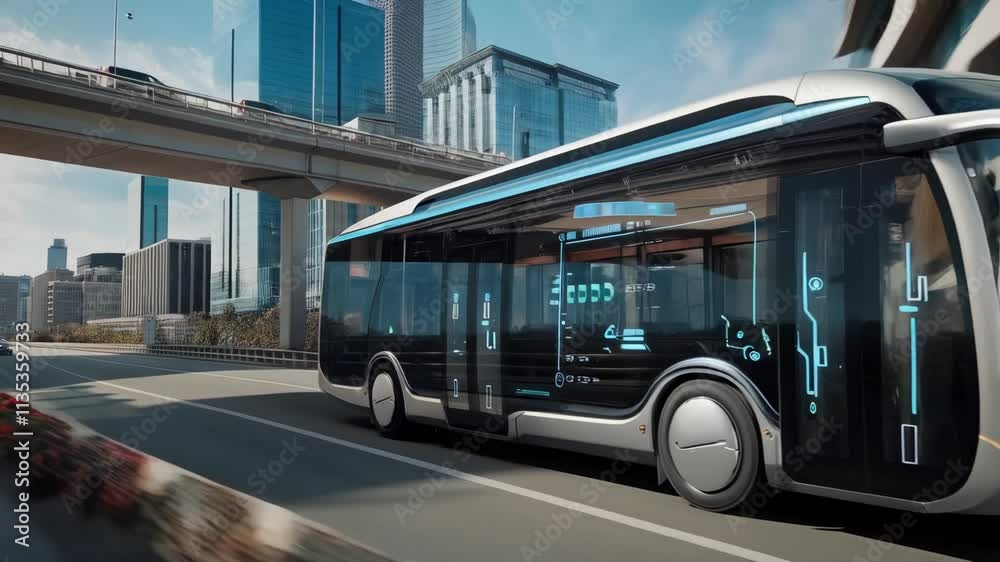 Futuristic electric bus driving in city with buildings in background. Advanced public transportation and eco-friendly urban transport. Future smart city concept.